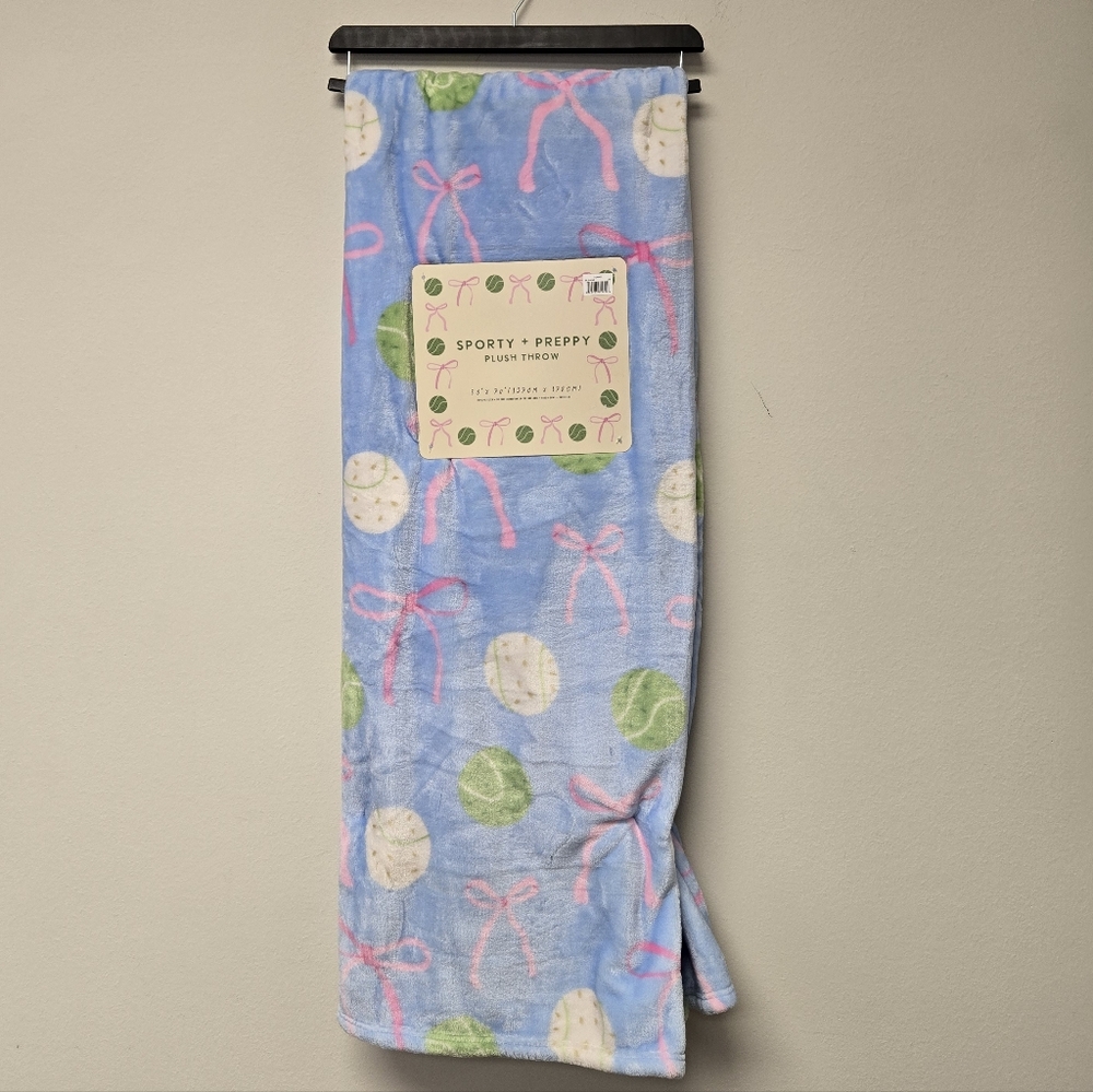 Sporty & Preppy Tennis Balls Bows Plush Throw Blanket Blue